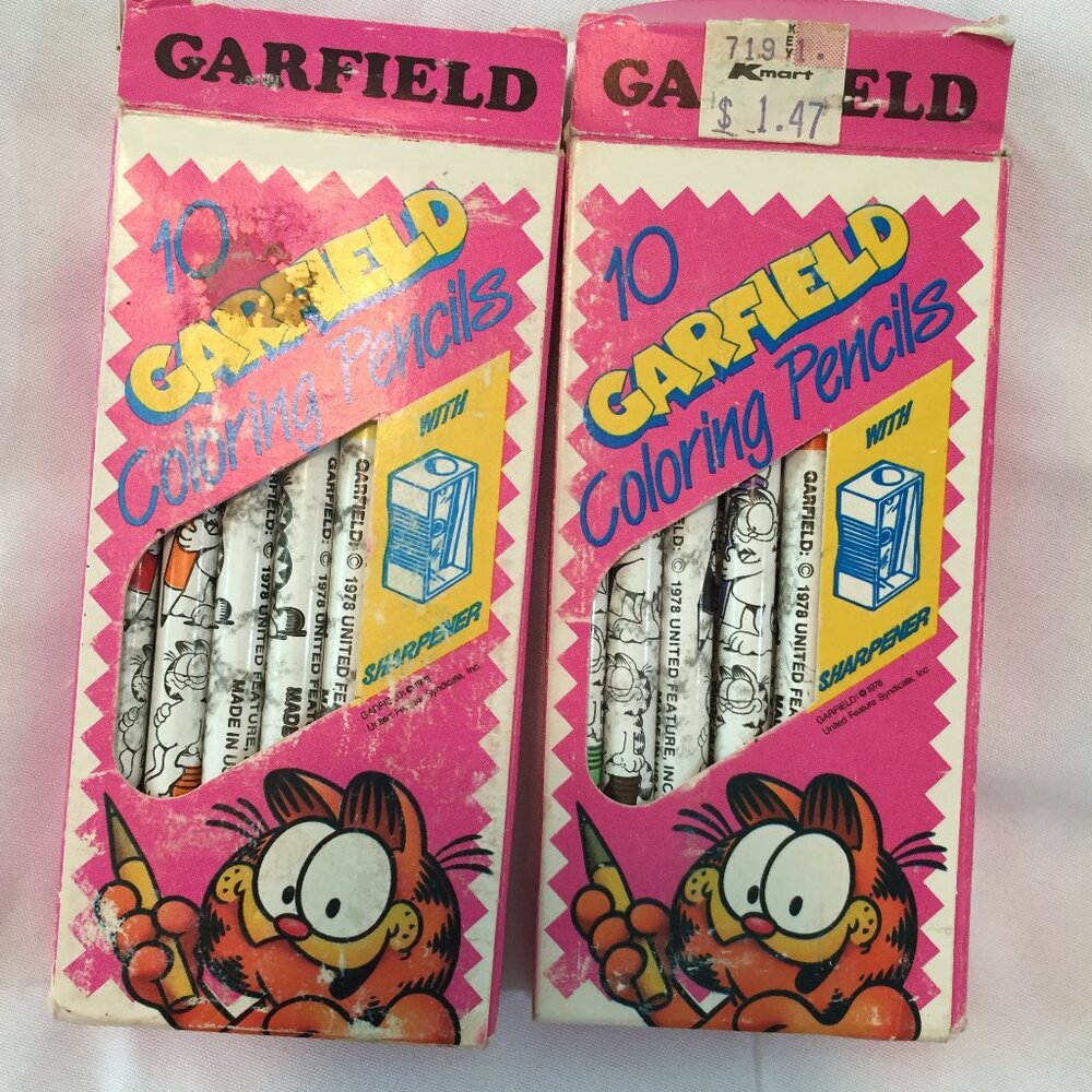 2 Boxes Vintage 1978 Garfield Color Pencil Sets w/Sharpener In Box 10 Piece/Box